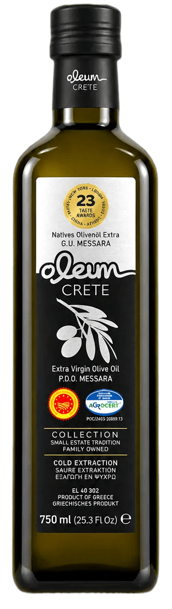 The Oleum Crete 750 ml bottle, PDO Messara, standing in raking morning light.